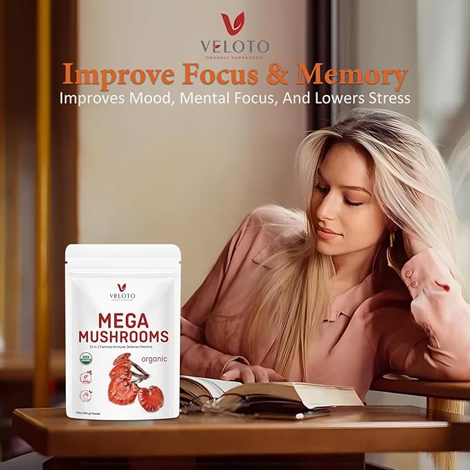 Organic Mega Mushroom Powder Blend, 10 in 1 Complex Mushroom Extract Powder Herbal Supplement with Reishi, Cordyceps, Chaga, Lion's Mane, Vegan & More, Sustainably US Grown, Filler Free, 10oz