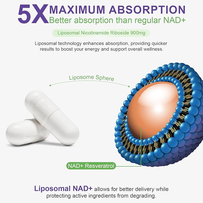 NAD Supplement, 900MG Liposomal Nicotinamide Riboside, Liposomal Resveratrol, Quercetin, High Purity NAD+ Supplement for Energy, Support Cellular Health, Stamina & Healthy Aging, 80 Capsules