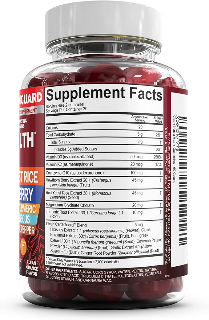 Clean Nutraceuticals Coq10 Gummies | Red Yeast Rice Hawthorn Berry Ginger Turmeric Citrus Bergamot Hibiscus Vitamin K2+D3 Magnesium Glycinate Cayenne Pepper Fenugreek Orange Flavor CardiGuard