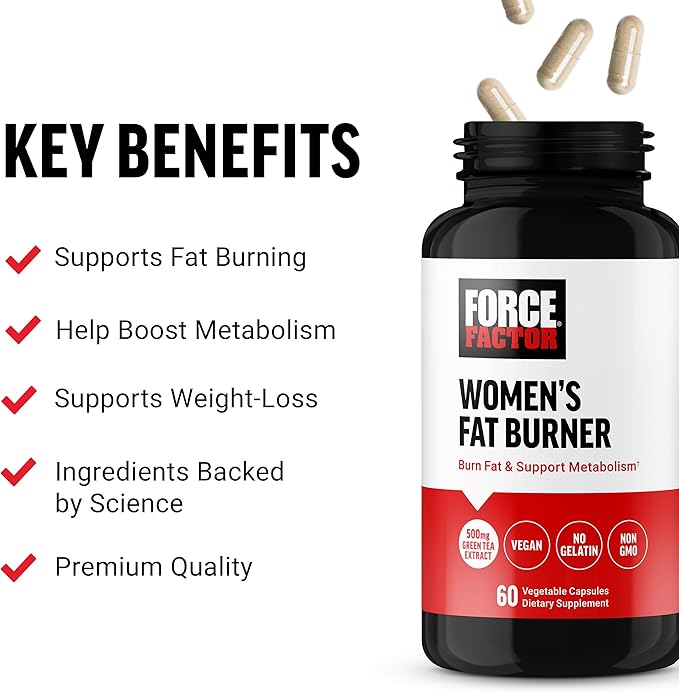 FORCE FACTOR Women’s Fat Burner, Metabolism Booster, and Weight-Loss Supplement Support, Green Tea Fat Burner Weight-Loss Pills to Help with Energy, Diet, and Exercise, Vegan, Non-GMO, 60 Capsules