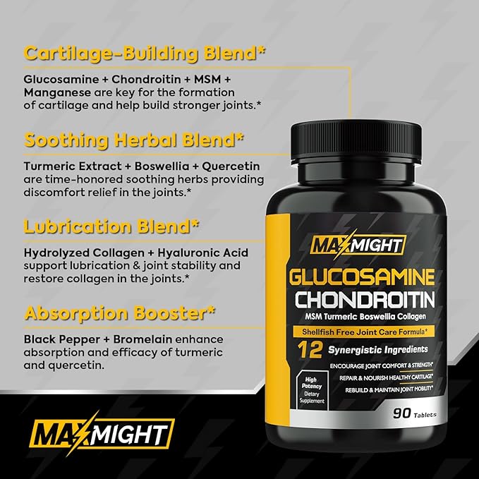 Glucosamine Chondroitin MSM Turmeric, Boswellia, 12-in-1, Joint Comfort, Mobility, Lubrication & Strength for Men Women & Senior, 90 Tab, No Shellfish