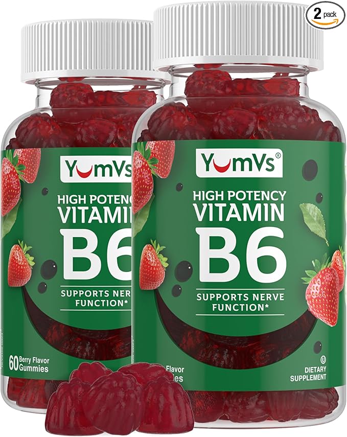 YUM-V'S Vitamin B6 Gummies - High Potency Vitamin B6 100mg - Strawberry Flavor B6 Vitamins Gummies - Nerve & Immune Function, Non GMO Kosher, 60 Count - 2 Pack