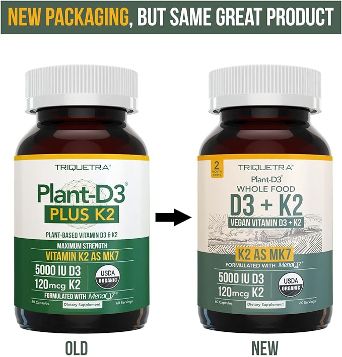 Organic Plant D3 + K2 | 5000 iu D3 + 120 mcg K2 as All-Trans MK7 from MenaQ7® - 100% Whole Food, Raw & Vegan | Enhanced Digestion with Prebiotic & Superfood Complex – D3 from Organic Algae (60 Count)