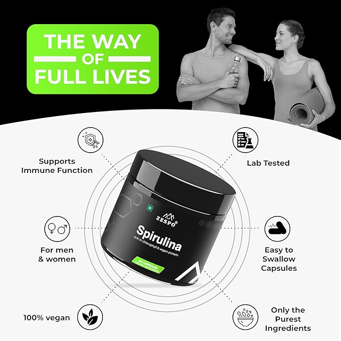 Spirulina 1100mg – Vegan Superfood Capsules for Heart, Immune & Energy Support – Plant-Based Protein &– 90 Capsules