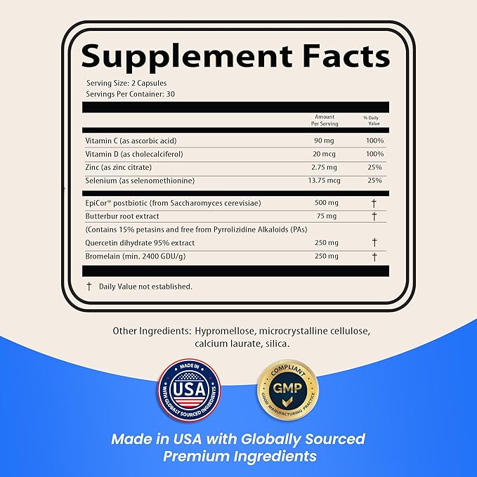 AllerEzy – Supports Healthy Histamine Levels, Sinus Comfort, and Immune Health with Butterbur, EpiCor, Quercetin, Bromelain, Vitamins C and D, Zinc, and Selenium – 60 Capsules