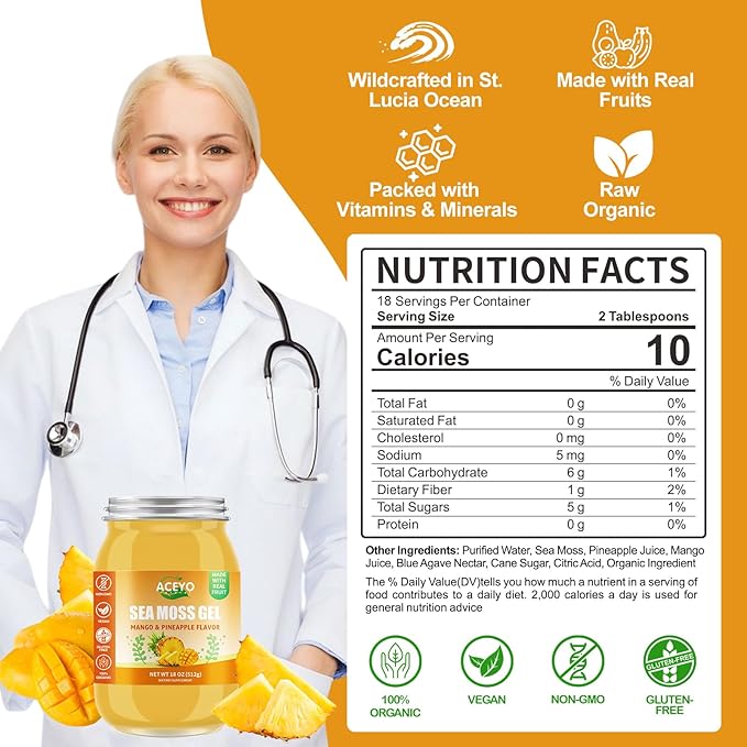 (18 OZ) Irish Sea Moss Gel Raw Vegan Mango Pineapple Flavor 102 Vitamins and Minerals Wild Harvested Non-GMO