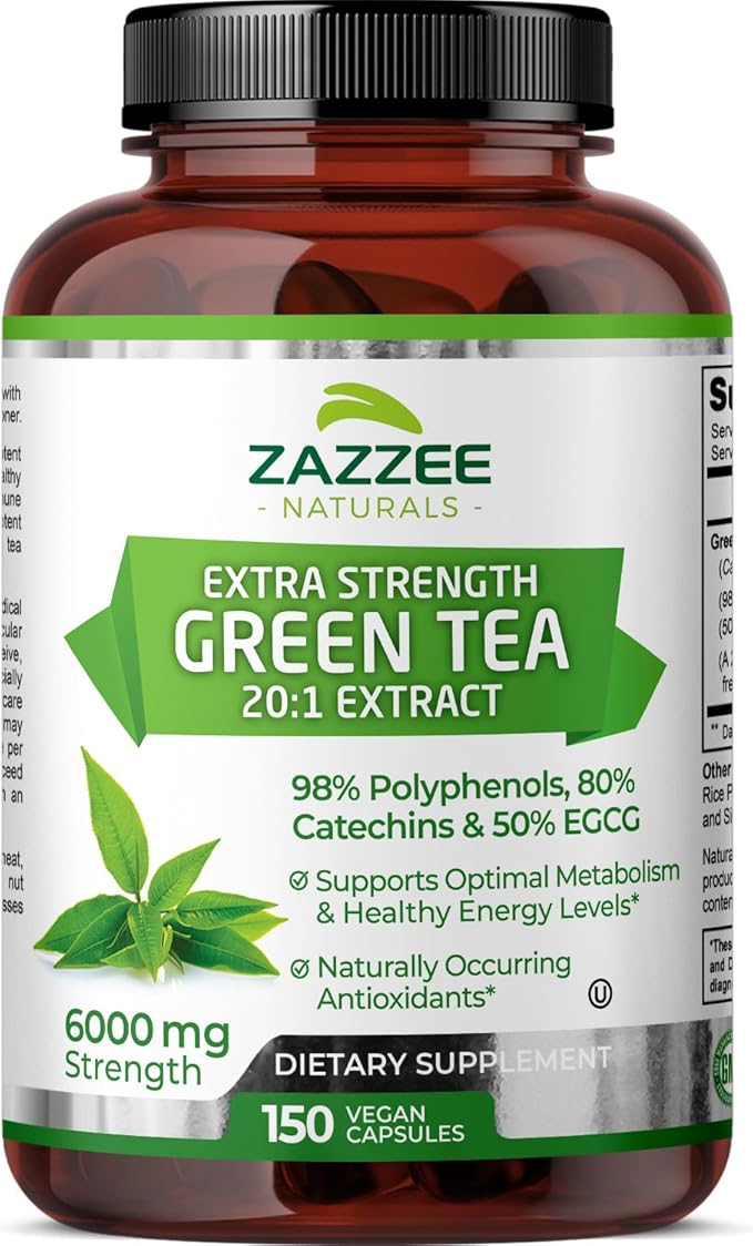 Zazzee Extra Strength Green Tea 20:1 Extract, 6000 mg Strength, 50% EGCG, 98% Polyphenols and 80% Catcehins, 150 Vegan Capsules, 5 Month Supply, Standardized and Concentrated 20X Potency, Non-GMO