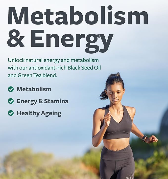 Black Seed Oil Capsules with Green Tea Extract - 1400mg - 60 Liquid Capsules (Non-GMO & Vegan) - Natural Energy Support with Minimal Caffeine for Mental Clarity & Focus