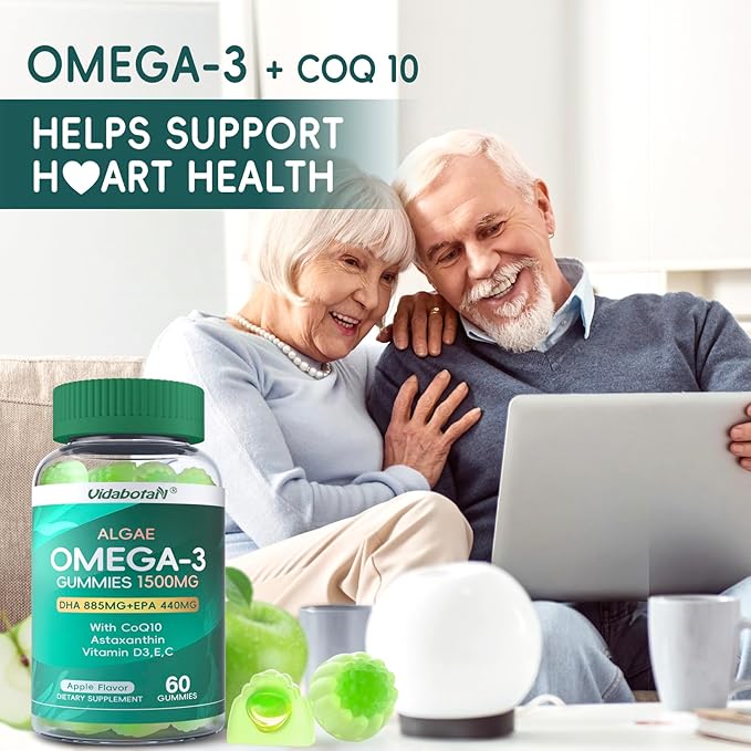 2 Pack Vegan Omega 3 Gummies 1500mg, Algae Omega 3 Supplements DHA 885mg & EPA 440mg, with Coq 10,Vitamin E,C,D3 for Brain,Eye Support, Fish Oil Supplements Alternative, Sugar Free, 120 Counts