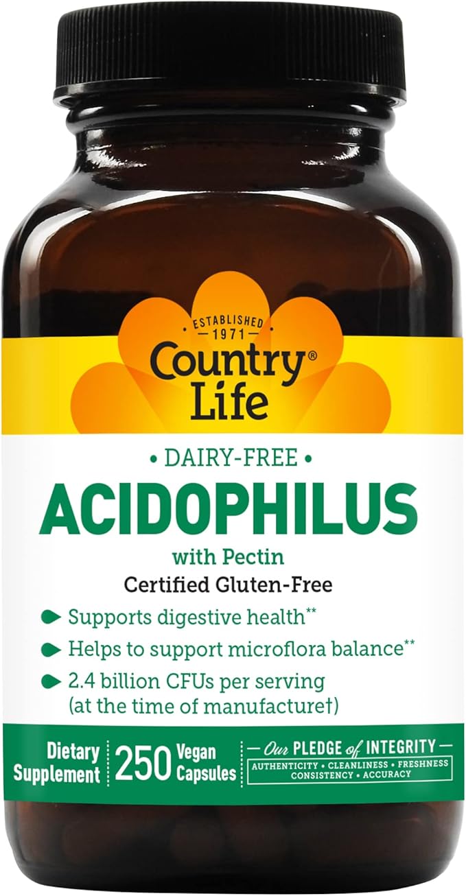 Country Life Acidophilus Probiotic Supplement for Women & Men - Free from Common Allergens - 2.4 Billion CFUs to Support Digestive Health - Dairy-Free, Non-GMO, 250 Vegan Capsules