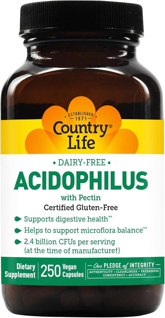 Country Life Acidophilus Probiotic Supplement for Women & Men - Free from Common Allergens - 2.4 Billion CFUs to Support Digestive Health - Dairy-Free, Non-GMO, 250 Vegan Capsules