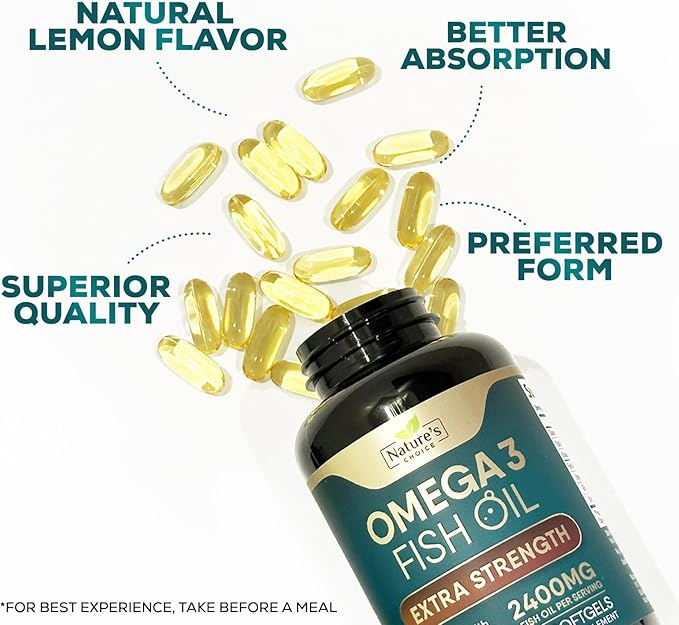 Triple Strength Omega 3 Fish Oil Supplement, EPA & DHA Fish Oil Omega 3 Essential Fatty Acids Supplement Softgels, 2400 mg Brain & Heart Health Support Supplements, Gluten Free, Non-GMO, 180 Softgels