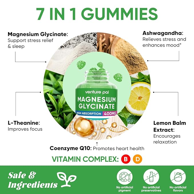 Venture Pal 60 Day Supply Magnesium Glycinate Gummies with Ashwagandha for Adults and Kids, L-Theanine, CoQ10, Sugar Free Magnesium Supplement 400mg for Calm Mood & Sleep, Gluten-Free & Vegan