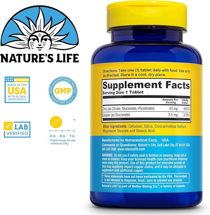 NATURE'S LIFE Protecting Zinc 50mg with 2.5mg Copper - Chelated Zinc Supplement for Immune Support, Bone Health, Muscle Function and Heart Health Support, 60-Day Guarantee, 250 Servings, 250 Tablets