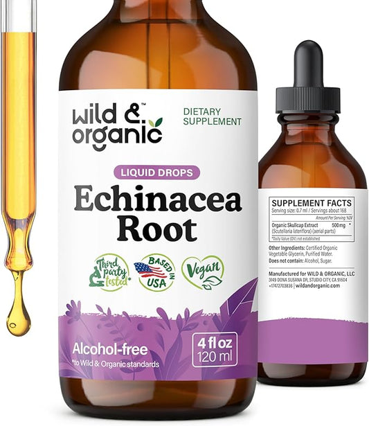 Wild & Organic Echinacea Drops - Immune Support Supplement with Echinacea Angustifolia - Liquid Root Extract Tincture - Vegan, Sugar & Alcohol-Free - 4 fl oz