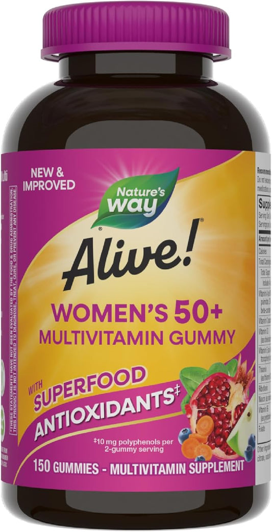 Nature's Way Alive Women’s 50+ Daily Gummy Multivitamins, Supports Multiple Body Systems*, Supports Healthy Heart, Brain & Bones,* B-Vitamins, Mixed Berry Flavored, 150 Gummies (Packaging May Vary)