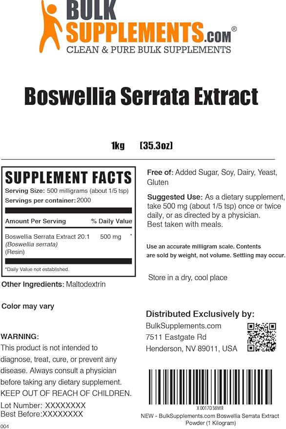 BulkSupplements.com Boswellia Serrata Extract Powder - from Frankincense Resin, Boswellia Serrata Powder - Herbal Supplement, Gluten Free, 500mg per Serving, 1kg (2.2 lbs) (Pack of 1)