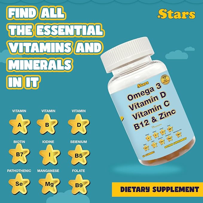 Adult Multivitamin Gummy with Omega 3, Chewable Multivitamin with Selenium, Vitamin A, B, C, D, Biotin, Multivitamin for Women, Multivitamin for Men, 60 Star Shaped Multivitamin Gummies