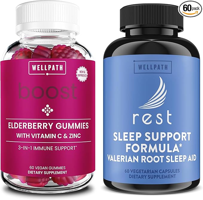 WellPath Elderberry Gummies with Zinc + Rest Valerian Root Sleep Aid for Adults with Melatonin & L-Theanine, 60 Ct Each