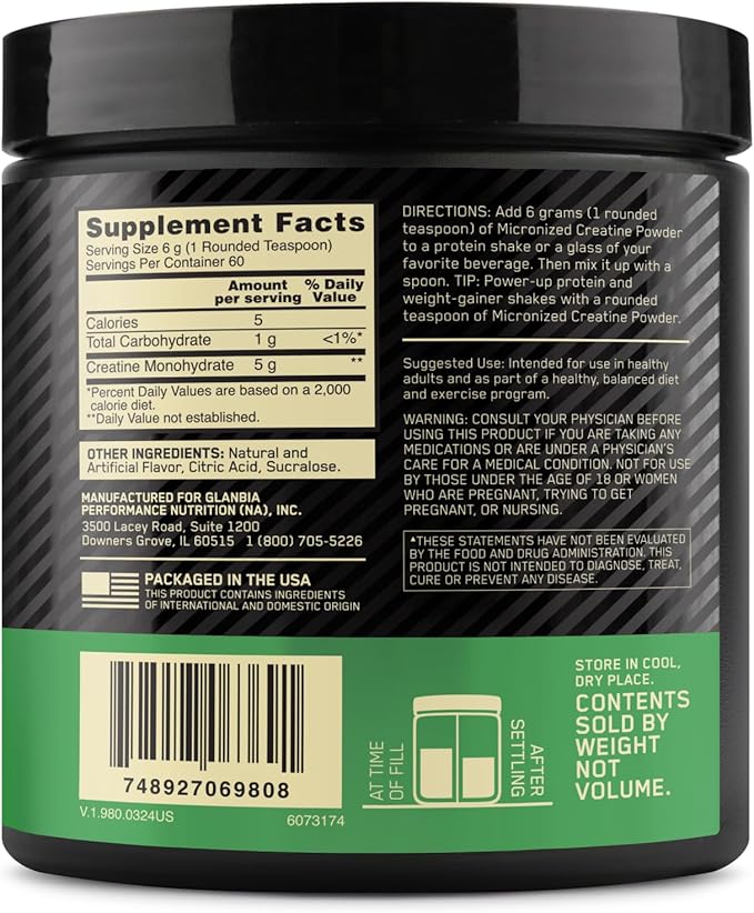 Optimum Nutrition Micronized Creatine Monohydrate Powder, Blueberry Lemonade Creatine, 60 Servings, 360 Grams (Packaging May Vary)