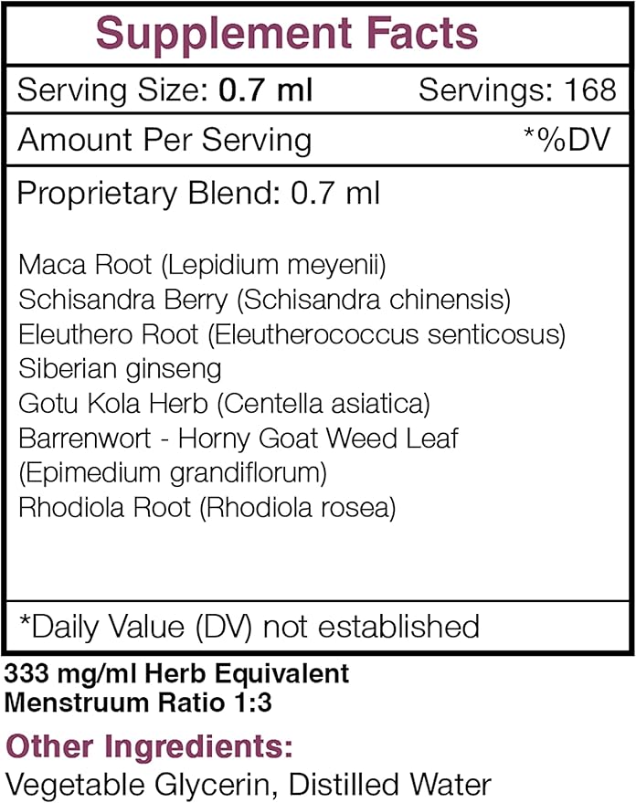 Stamina Secret Alcohol-Free Extract, Tincture, Glycerite Maca, Schisandra, Eleuthero Siberian Ginseng, Gotu Kola, Barrenwort - Horny Goat Weed, Rhodiola. Energy Endurance Vigor (4 fl oz)