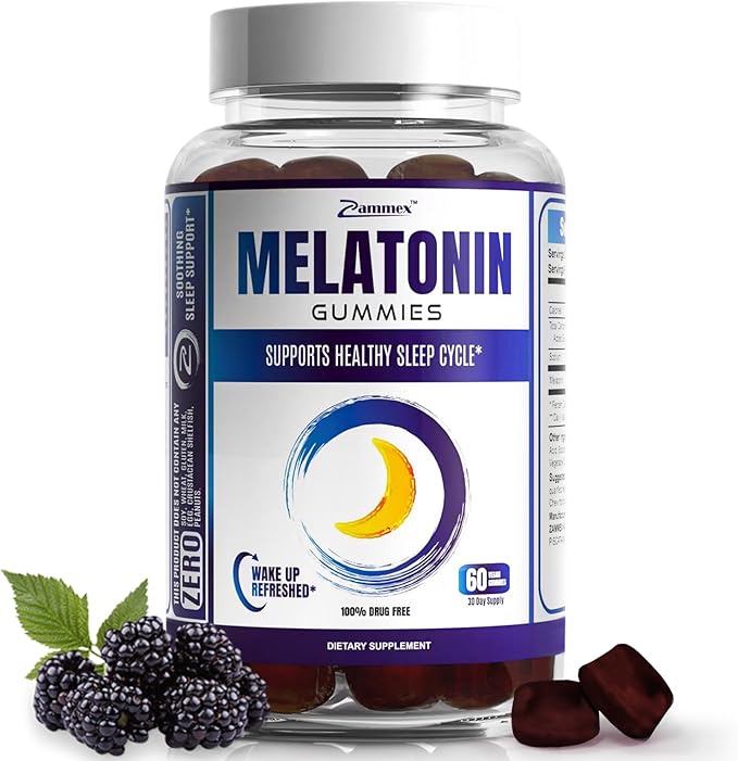 Zammex Melatonin Gummies 5mg | 60 Count | Sleep Supplement for Adult | Drug Free Sleep Aid Gummy | Natural Berry Flavor | Vegan, Non-GMO, Gluten Free