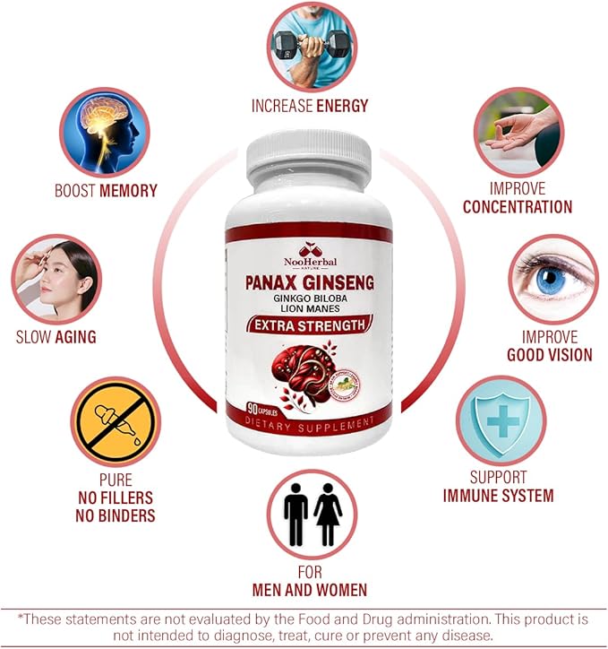 Panax Ginseng 500mg + Ginkgo Biloba + Lions Mane, 90 Vegan Capsules | Extra Strength Ginsenosides for Energy, Mental Focus, Immune Support | Brain Supplement | Non-GMO & Gluten Free Herbal Supplement