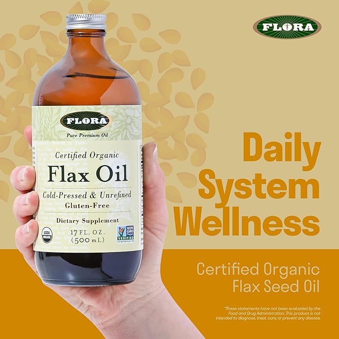 Flora - Flax Oil - Cold-Pressed, Unrefined, Organic Flax Seed Oil - Contains Omega-3 & Omega-6 - Non-GMO & Gluten-Free - Keep Chilled - 32 fl. oz. Amber Glass Bottle