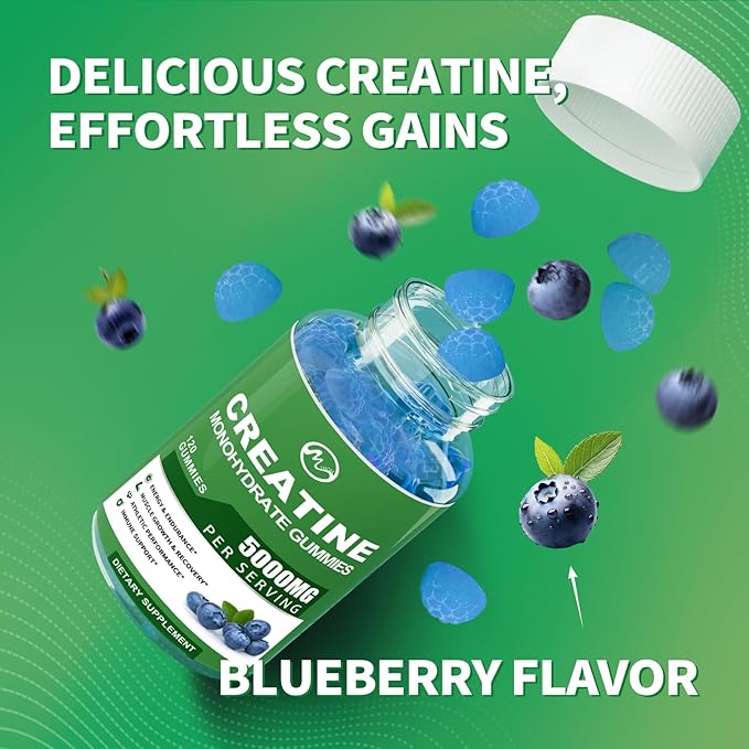Creatine Monohydrate Gummies - 5000mg Creatine Monohydrate for Men & Women, with BCAA, L-Taurine, Alpha GPC and Omega-3, Increase Strength and Build Muscle, Blueberry Flavor, 120 Gummies