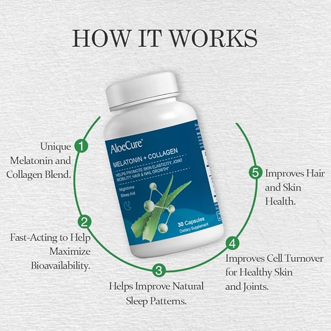 AloeCure Natural Melatonin + Collagen with Organic Aloe Vera - Natural Sleep Aid Supplement for Restful Nights - Collagen Complex for Joint Strength, Skin Elasticity, Hair & Nail Growth, 30 Capsules