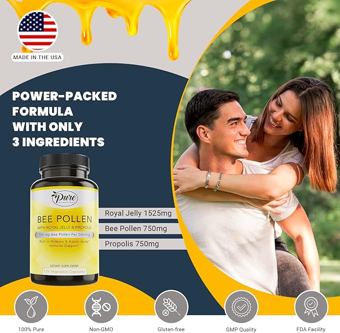 Pure By Nature Bee Pollen Supplement with Propolis & Royal Jelly for Immune Support, Antioxidant Properties, 120 Non-GMO Vegetarian Capsules