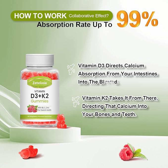Vitamin D3 K2 Gummies for Adults, Vitamin D3 5000 IU & K2 (MK7) 120mcg, Sugar-Free D3 K2 Supplements with Vitamin B6, C & Zinc, Support Bone, Teeth, Muscle & Immunity, 120 Count
