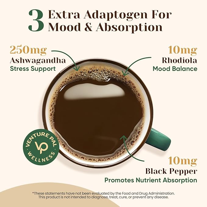 Venture Pal Mushroom Powder – 16 Mushroom Blend with Adaptogens for Coffee & Tea | Ashwagandha, Lion’s Mane, Rhodiola | 10:1 Extract from 100% Fruiting Bodies | 90 Servings