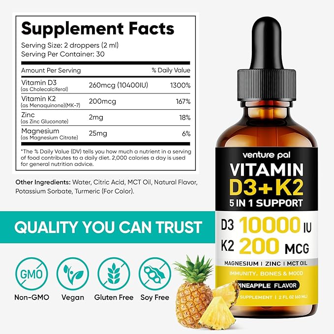 Venture Pal High-Potency Vitamin D3 10,000 IU & 200 mcg K2 (MK-7) Liquid Drops with Magnesium, Zinc & MCT Oil | Immune System Health, Bone Support, Mood Improvement | 2 Fl Oz Pineapple Supplement