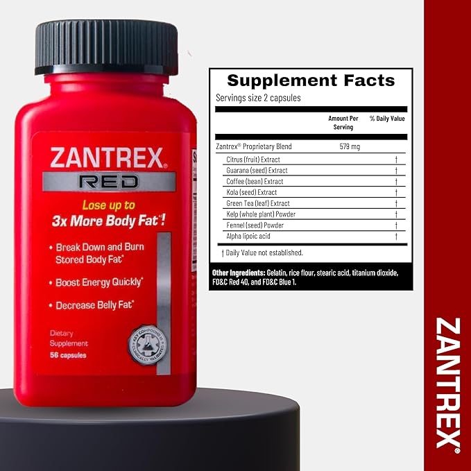 Zantrex Red Fat Burner & Active Energy Booster Supplement | Supports Body Sculpting, Increased Focus & Workout Performance | 56 Capsules
