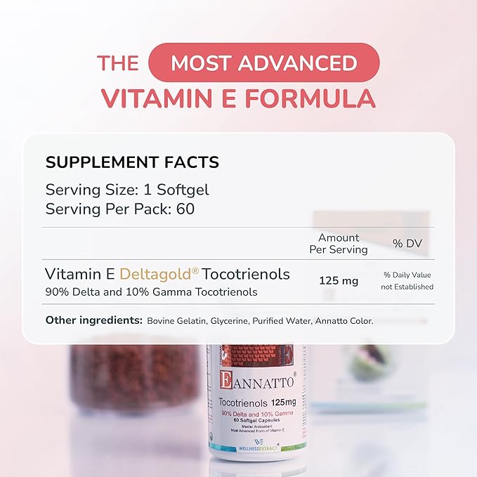 Eannatto Tocotrienols Vitamin E Supplements Tocopherol Free, Supports Immune Health, Non-GMO, Gluten Free & Antioxidant (125MG 60 Softgels)