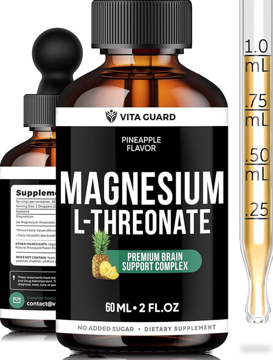 Magnesium L-Threonate Liquid Drops – 500mg High-Absorption Brain Support, Pineapple Flavor, 60ML Vegan, Gluten-Free, Non-GMO