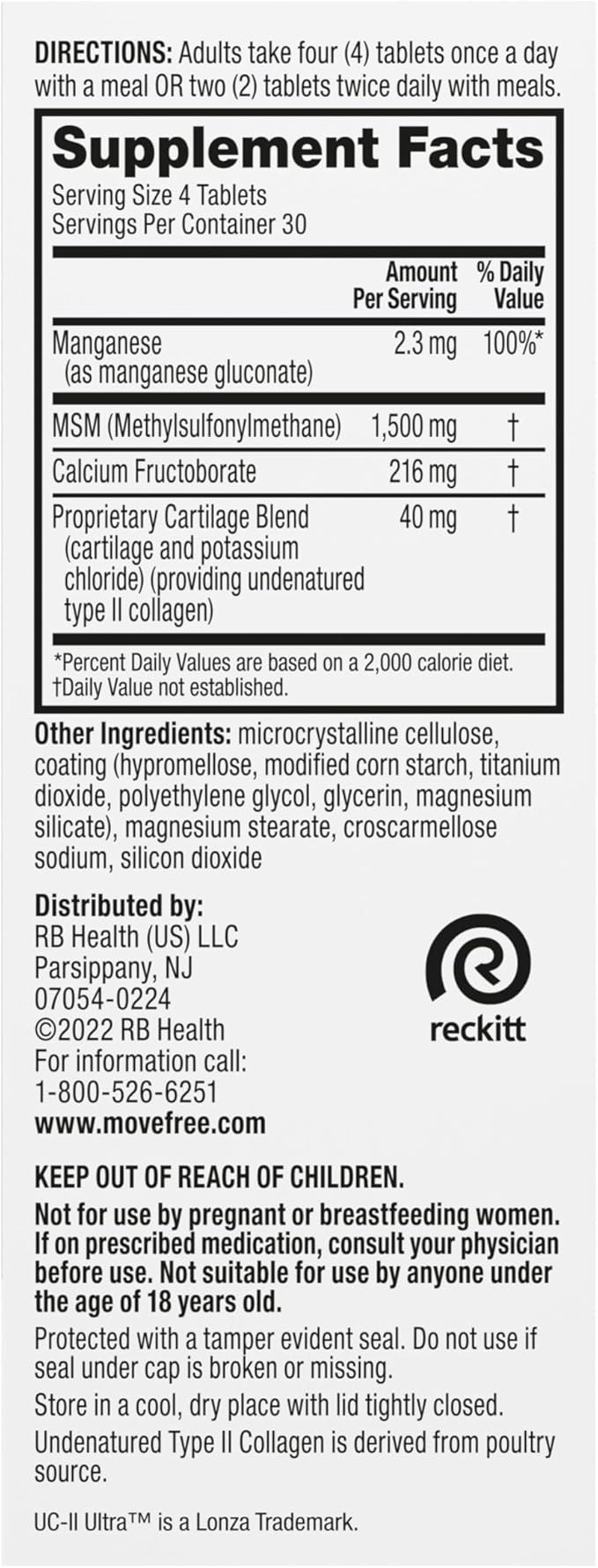 Move Free Ultra Pro with Quadruple Action Joint Support - Type 2 Collagen MSM Calcium Fructoborate & Manganese - Supports Joint Cartiliage Bone Connective Tissue, 120 Tablets (30 servings)