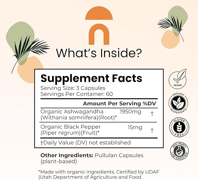 NutriRise Organic Ashwagandha Root Capsules with Black Pepper 1950mg, Natural Stress & Mood, Thyroid & Immune Support Supplement, Sleep Aid, Clarity, Focus & Energy, Gluten Free, 180 Count
