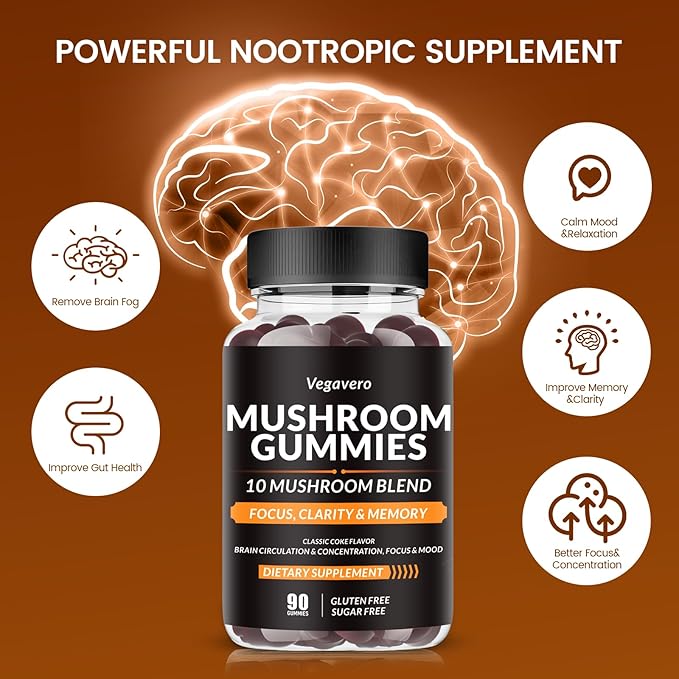 Mushroom Gummies - 10x Mushroom Blend - Mushroom Complex - Mushroom Supplement (90 Chews) Classic Coke