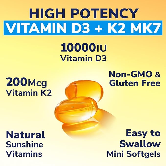 Vitamin D3 K2 Supplement, 10000 IU D3 / 200 mcg K2 MK7, Calcium Absorption, Bone, Heart, Immune & Muscle Support, Enhanced Absorption, No Soy, Easy to Swallow, 90 Softgels