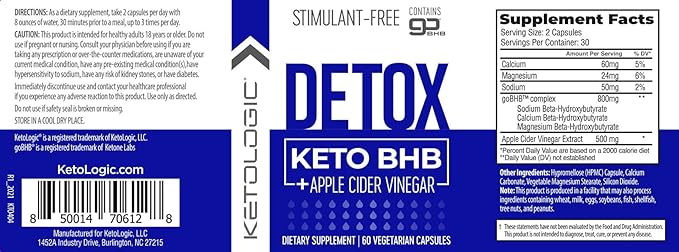 Ketologic BHB Caps + Apple Cider Vinegar (60 Capsules, 30 Supplements)