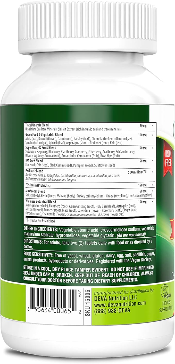 DEVA Tuba Prime Vegan Multivitamin - High-Potency Vitamin and Mineral Dietary Supplement - Antioxidants, Fruit and Vegetable Blend, Super Mushrooms, Probiotics, Prebiotics, Seeds, Herbs - 90 Tablets