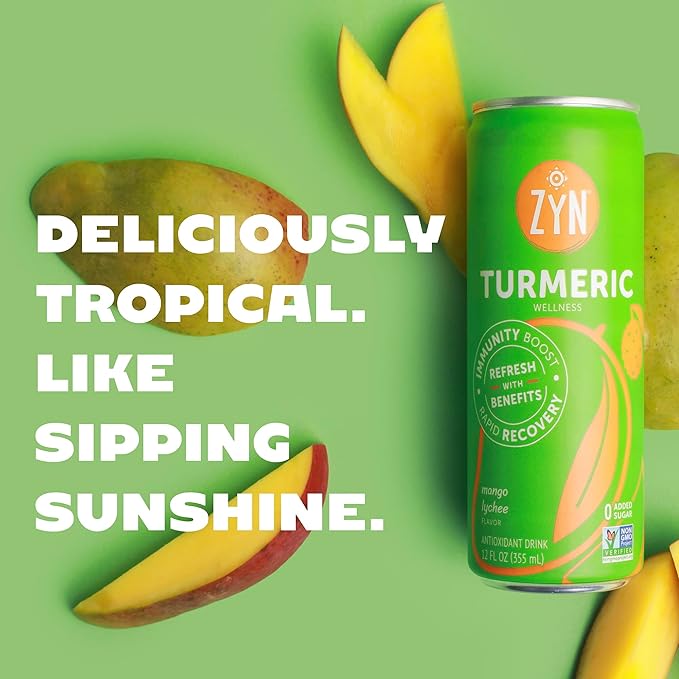 ZYN Turmeric Wellness Drink (24 Pack), Mango Lychee Flavored Turmeric Curcumin Drink with Black Pepper, No Added Sugar, Low Carb & Low Calorie Drink, Clean Alternative
