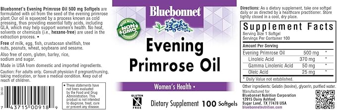 BlueBonnet Evening Primrose Oil Softgels, 500 mg, 100 Count (743715009189)
