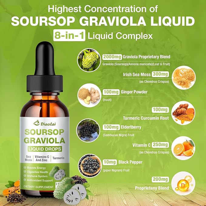 2 Pack Soursop Graviola Liquid Drops - 100% Pure Organic Graviola Extract (4 Fl Oz) - Immune Support, Antioxidant Rich, Natural Energy Boost - Vegan, Non-GMO, Alcohol-Free