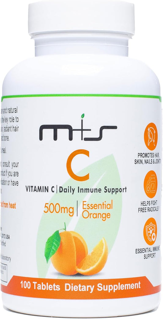 M+S Vitamin C Tablet 500mg for Women and Men – Supports a Healthy Immune System, Promotes Hair, Skin, Nails and Joints – Vegan, Sugar Free, Non-GMO – Orange Flavor (100 Tablets)