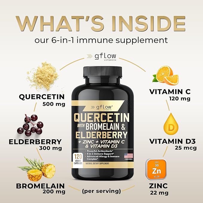 Quercetin with Vitamin C and Zinc - 500mg - Quercetin with Bromelain - Zinc Quercetin - 120 Veggie Caps - Elderberry with zinc and Vitamin c for Adults (Non-GMO, Vegan) 2 Months Supply