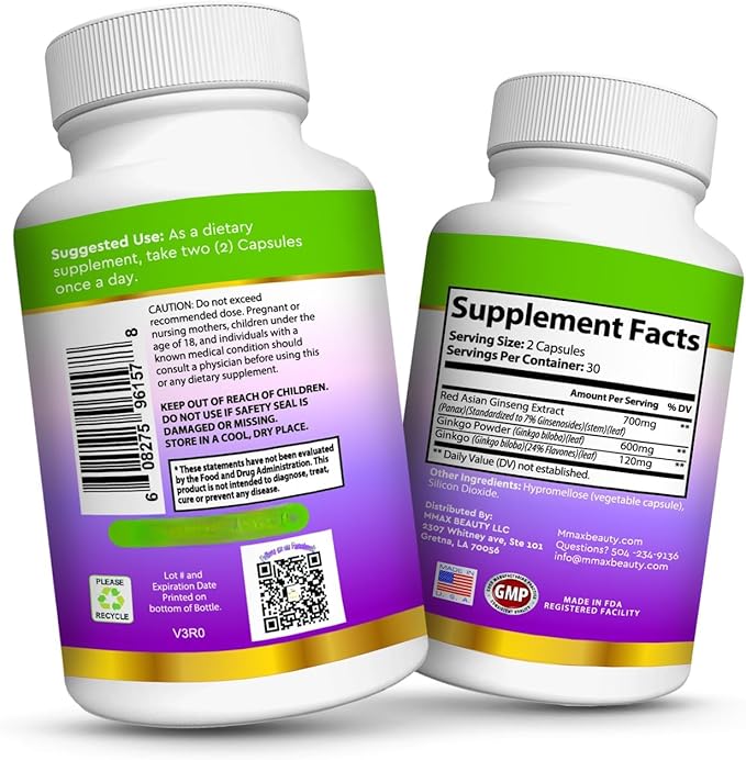 Premium Ginseng & Ginkgo Biloba Supplement - 700mg Ginseng Extract Powder + 600mg Ginkgo Leaf + 120mg Ginkgo Extract - Natural Energy, Focus & Memory Support - Vegan, Non-GMO, Gluten-Free 60 Capsules