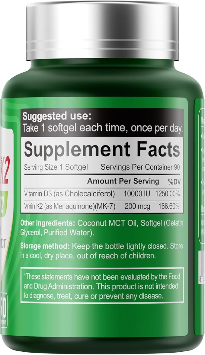 Vitamin D3 K2 Softgels, D3 10000 IU with K2 (MK-7) 200 mcg with Coconut Oil Softgels, Easy to Swallow 2 in 1 Vitamins D & K, Supports Calcium Absorption, Immune and Heart Health - 90 Counts